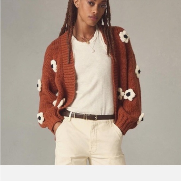 Anthropologie Maeve Susannah 3D Floral Chunky Knit Sweater Cardigan One Size - Picture 9 of 14